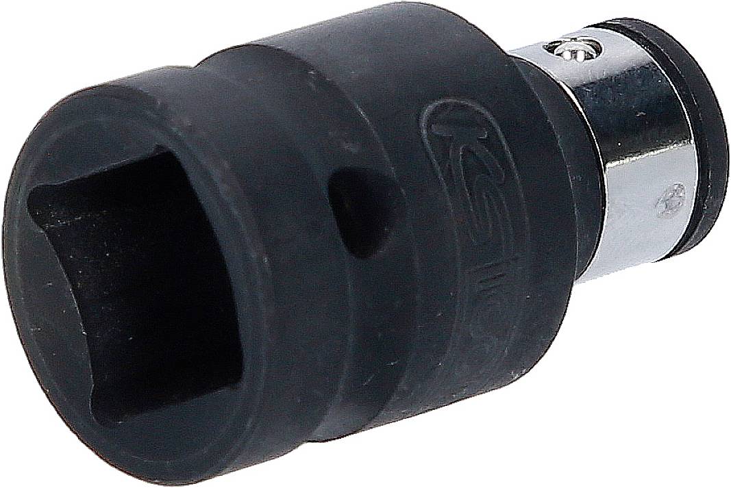 Ein schwarzer Stecknussadapter mit quadratischer Öffnung und metallischem Schaft, verwendet zur Verbindung von Werkzeugen mit Aufsätzen.