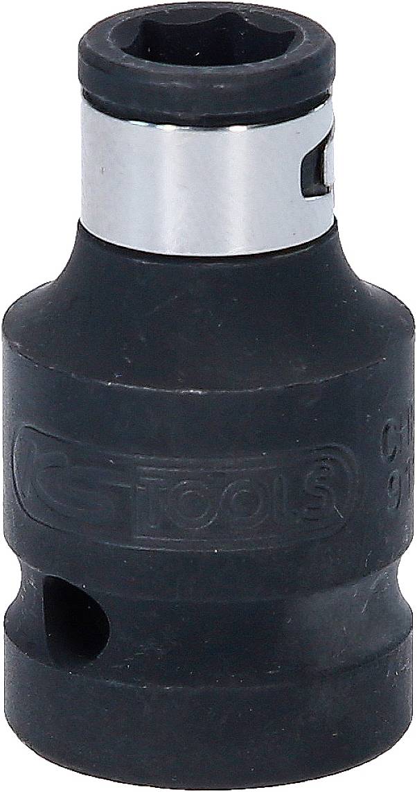 Schwarzer Steckschlüsseladapter mit silbernem Ring, passend für Werkzeuge.