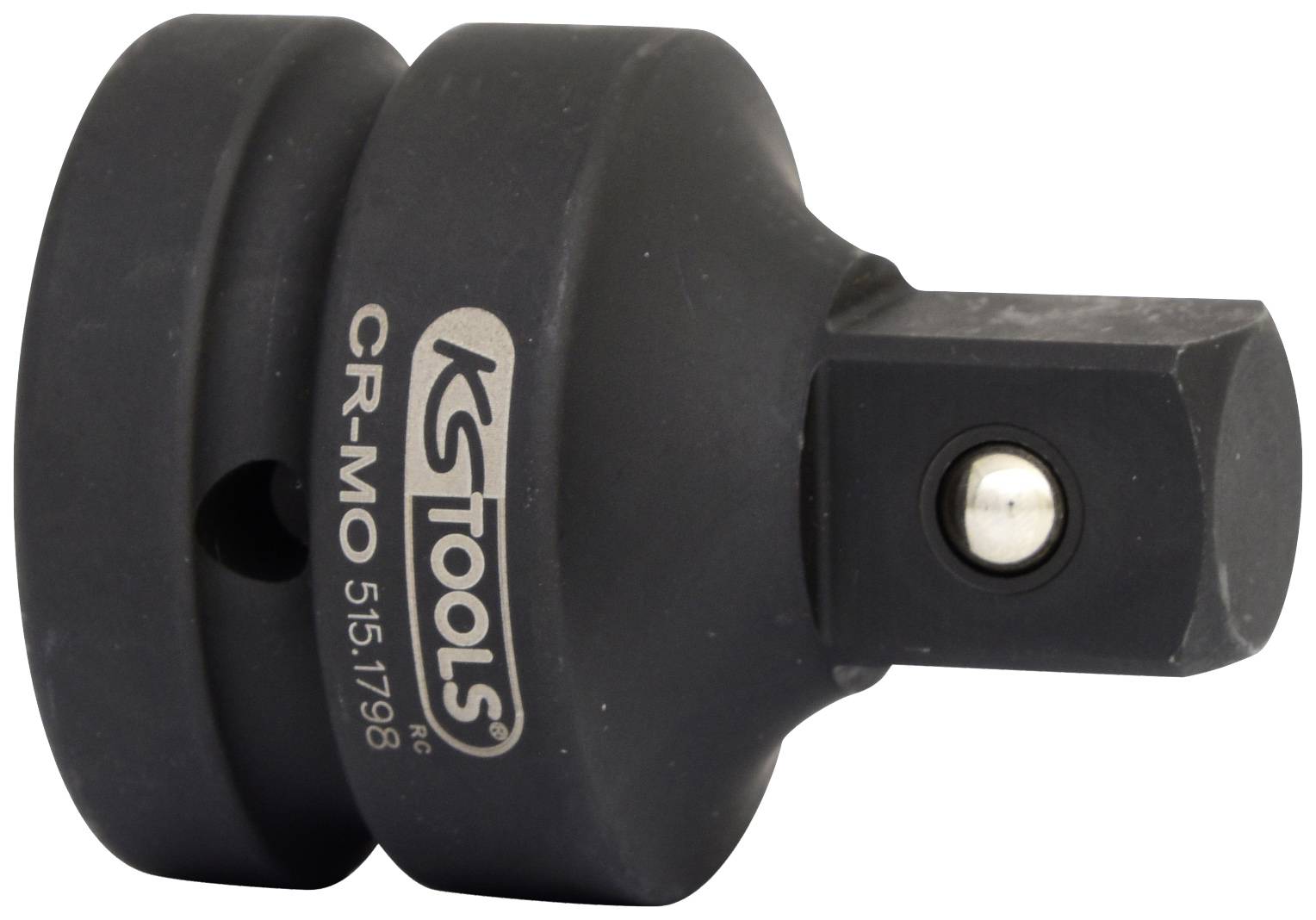 Ein schwarzer Adapter von KS Tools aus CR-MO Stahl, Modellnummer 515.1798, mit quadratischer Aufnahme, seitliche Beschriftung sichtbar.