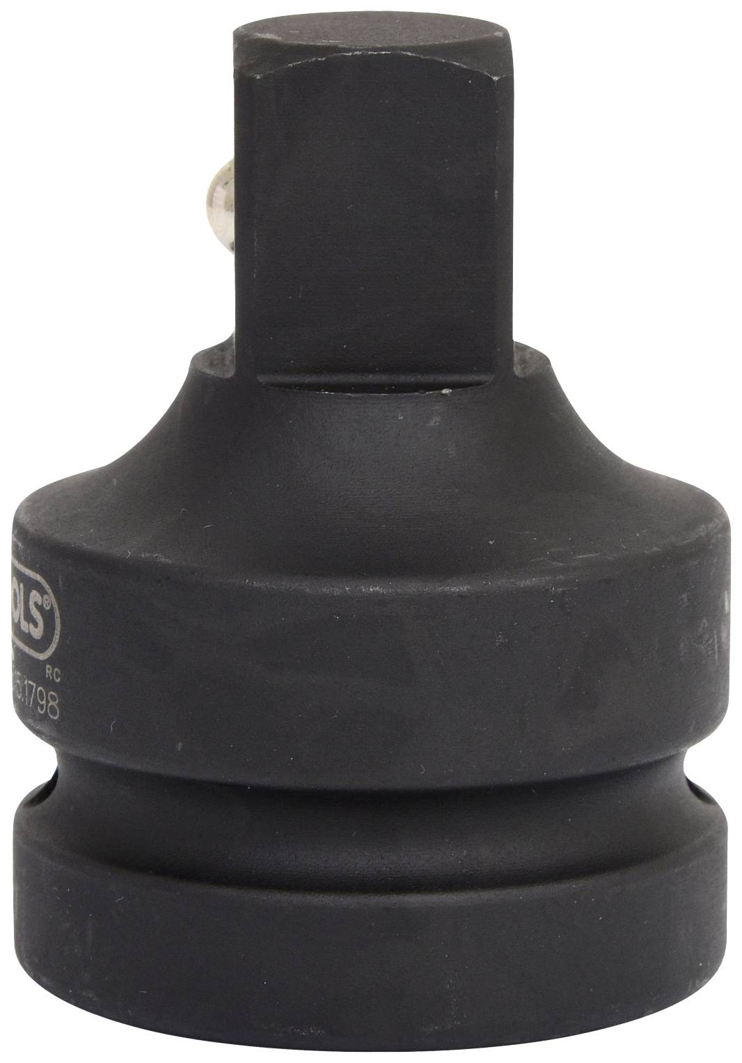Ein schwarzer Adapter mit quadratischem Kopf und gerundeter Basis aus Metall, verwendet für Steckverbindungen in Werkzeugen oder Maschinen.