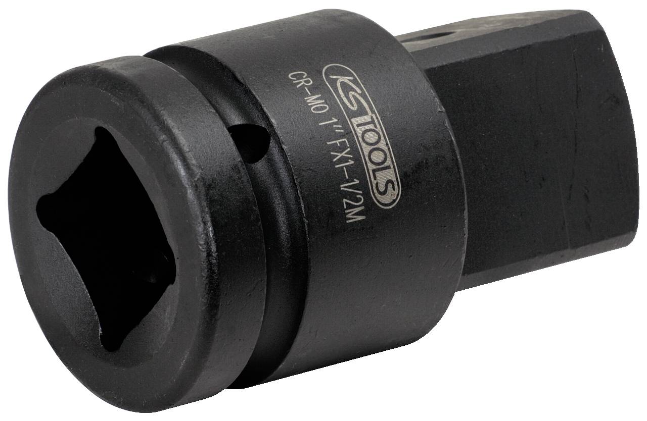 Ein schwarzer Stecknussadapter aus robustem Material, markiert mit 'KS Tools', zur Verbindung von Werkzeugen mit verschiedenen Antriebsgrößen.