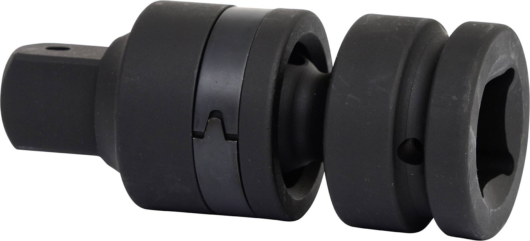 Eine graue, zylindrische Metallverbindung mit einem beweglichen Gelenk, die als Adapter oder Verbindungsstück für Werkzeuge dient.