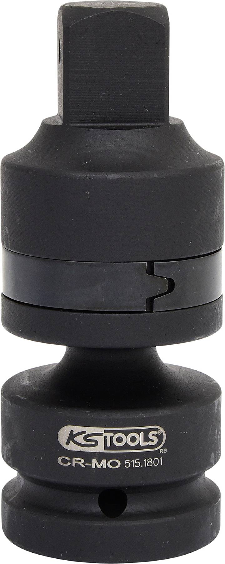 Ein schwarzer Adapter mit Gelenk aus Stahl, auf dem 'KS Tools CR-MO 515.1801' steht, für den Einsatz in Werkstätten geeignet.