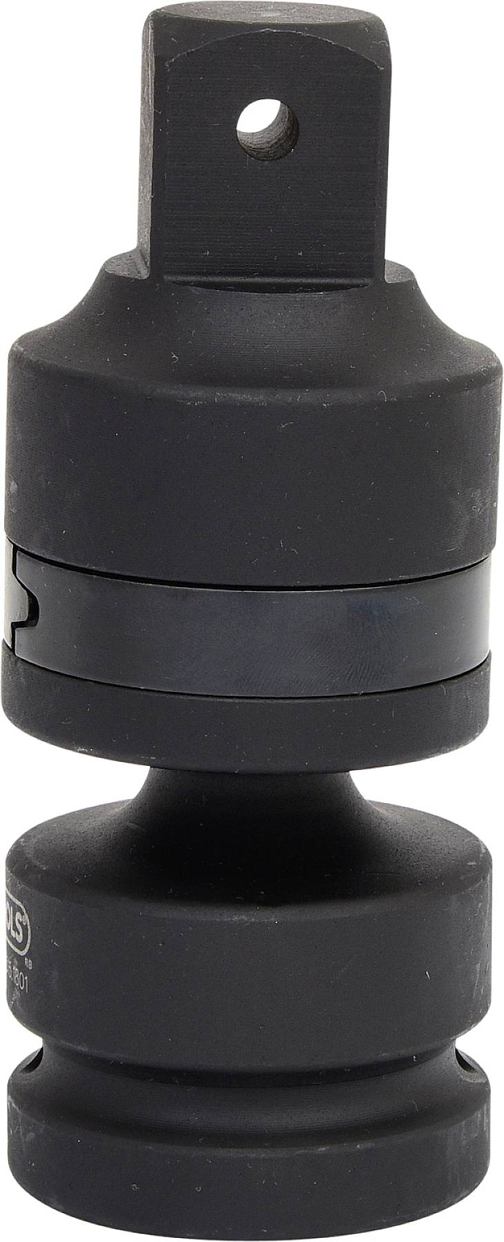 Ein schwarzer Drehmomentadapter aus Metall mit einem zentralen Gelenk, das eine flexible Verbindung ermöglicht.
