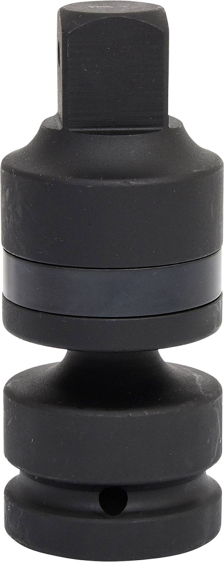Ein schwarzer, zylindrischer Adapter oder Verbindungsteil, möglicherweise für mechanische Zwecke, mit einem Gelenk in der Mitte.