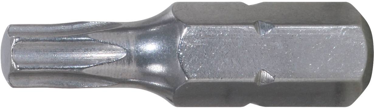Silberfarbener Torx-Bit mit sechseckiger Basis, verwendet für Verschraubungen.