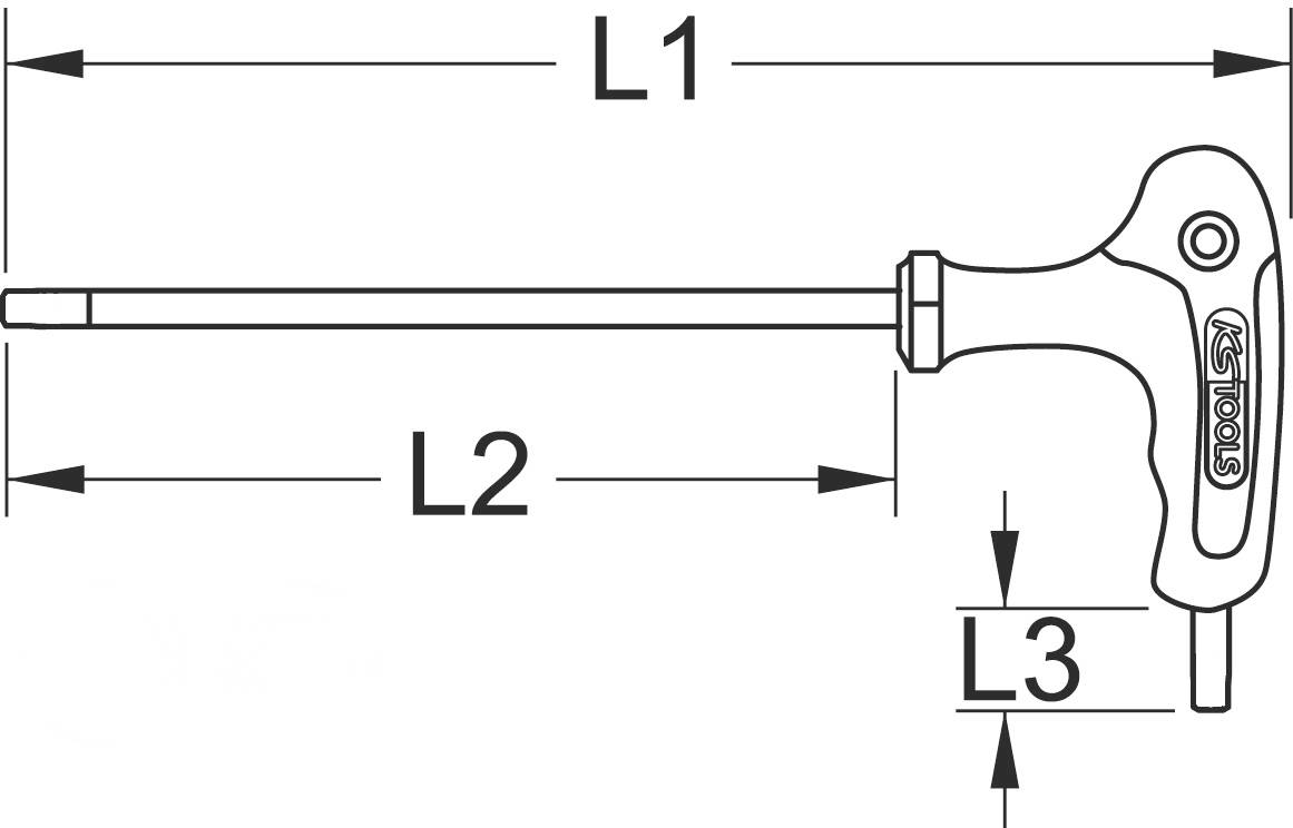Maßzeichnung eines T-Griff-Sechskantschlüssels mit den Längenmarkierungen L1, L2 und L3. Hauptteil zeigt den Griff und den langen Schaft.