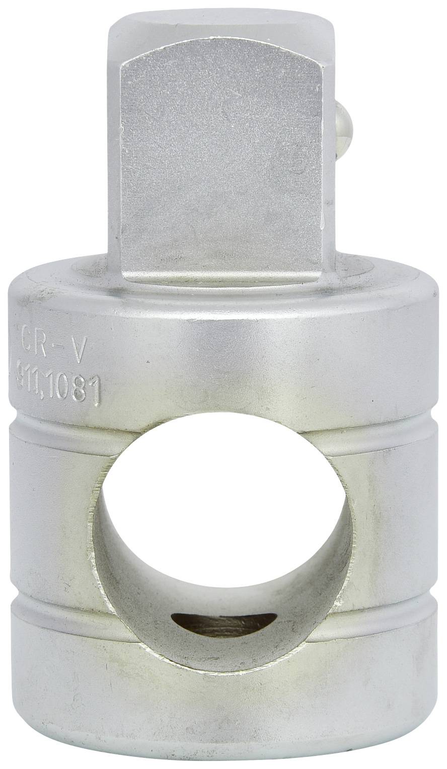 Silberner Steckschlüsseladapter mit quadratischem Kopf und rundem Körper, geeignet zum Einsetzen in einen Steckschlüsselsatz.