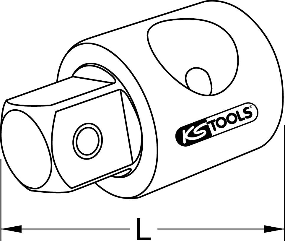 Abbildung einer Werkzeugaufnahme mit 'KS Tools' Logo, die die Anpassung eines Vierkantantriebs an ein anders Maß oder Werkzeug zeigt.