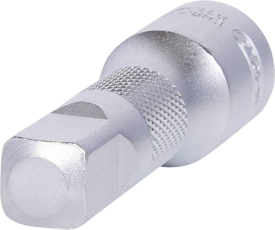 Ein glänzender Metalladapter mit rutschfestem Griff und quadratischer Spitze. Verwendet, um Werkzeuge oder Zubehör zu verbinden.