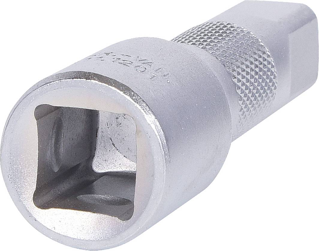 Metallischer Steckschlüsseladapter mit quadratischer Aufnahme und geriffeltem Griff, für den Einsatz mit einer Ratsche.