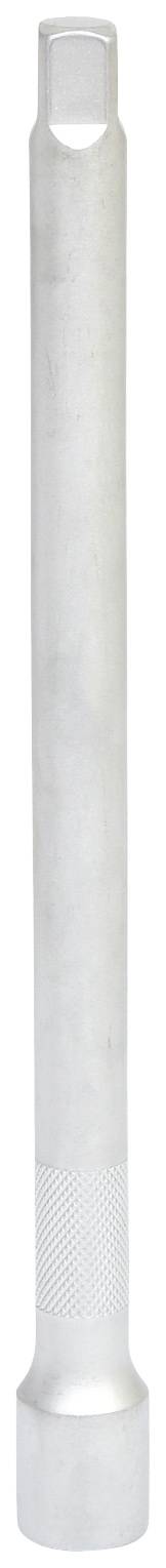 Ein zylindrischer Steckschlüssel mit Verlängerung, silberne Metalloberfläche und geriffeltem Griff, geeignet für tiefliegende Muttern.