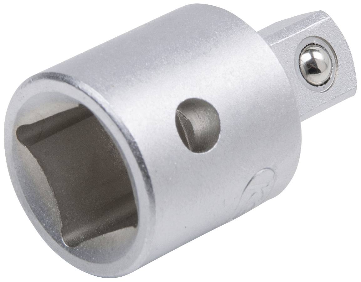 Metallener Steckschlüsseladapter in zylindrischer Form mit quadratischer Öffnung. Verwendet zum Verbinden verschiedener Werkzeugteile.