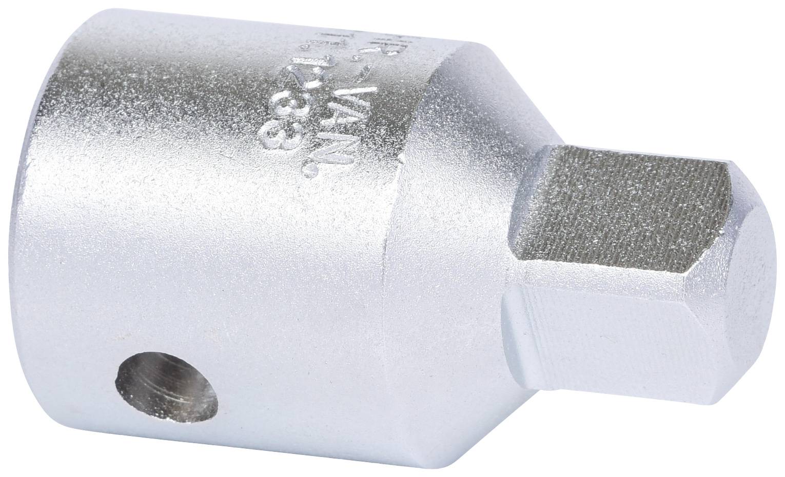Metalladapter mit zylindrischem und sechseckigem Ende, verwendet zur Verbindung verschiedener Werkzeuge oder Geräte.