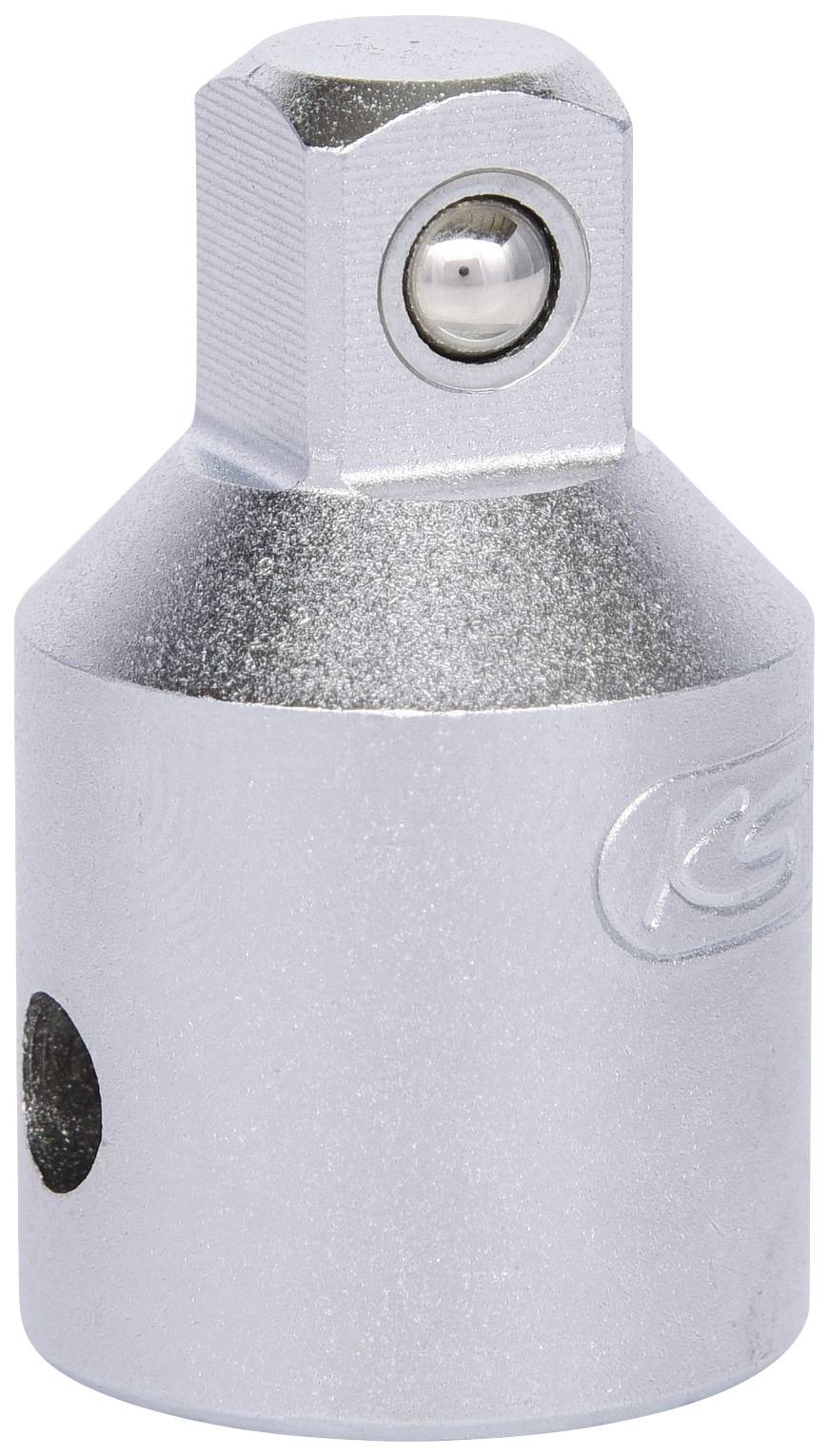 Metallische Steckschlüsseladapter mit quadratischer Aufnahme und Kugelarretierung. Wird zum sicheren Verbinden von Werkzeugaufsätzen verwendet.