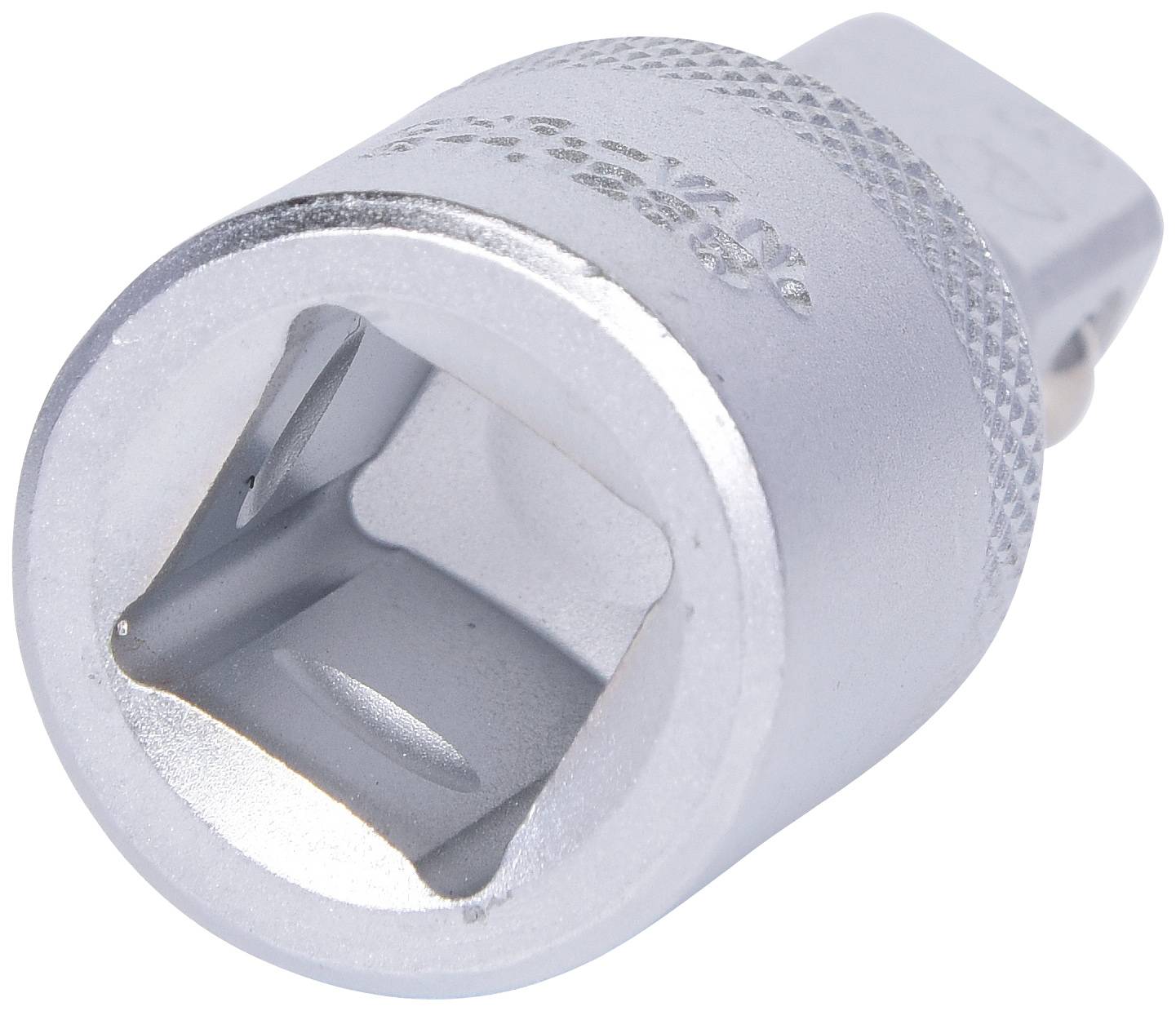Steckschlüssel-Adapter, silberfarben, mit quadratischer Öffnung und geriffeltem Rand zum einfachen Greifen.