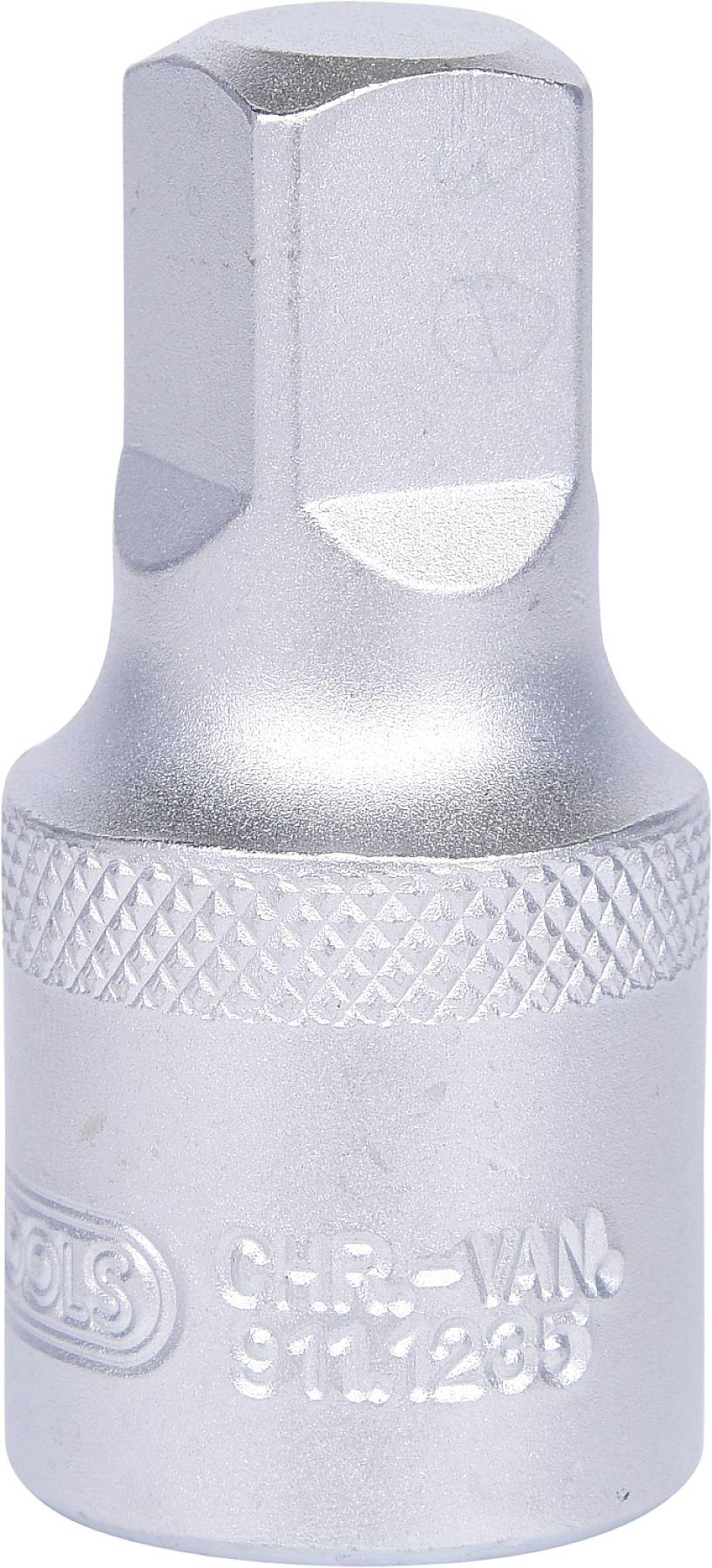 Silberne Sechskant-Bitaufnahme, zylindrische Form mit gerändeltem Griff, Material: Chrom-Vanadium.