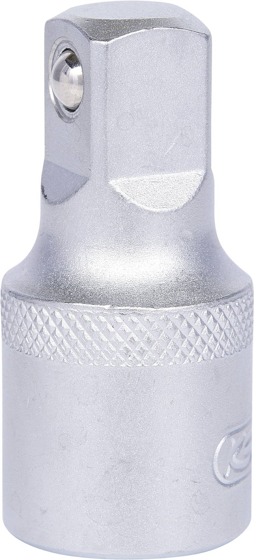 Ein silberner Steckschlüsseladapter mit einer sechseckigen Öffnung, geeignet zum Verbinden eines Steckschlüssels mit einem anderen Werkzeug.