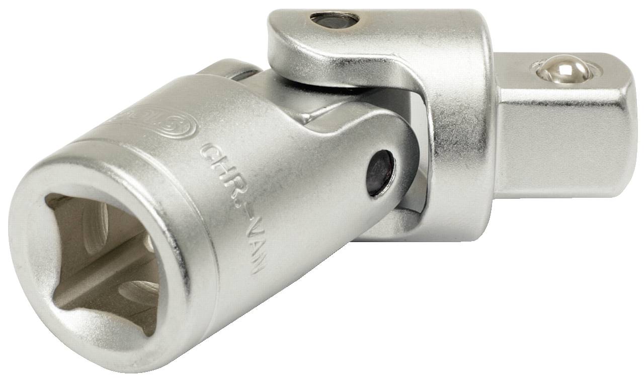 Silberfarbener Kardangelenkadapter für Werkzeuge. Verbindet Stecknüsse bei eingeschränktem Zugang.