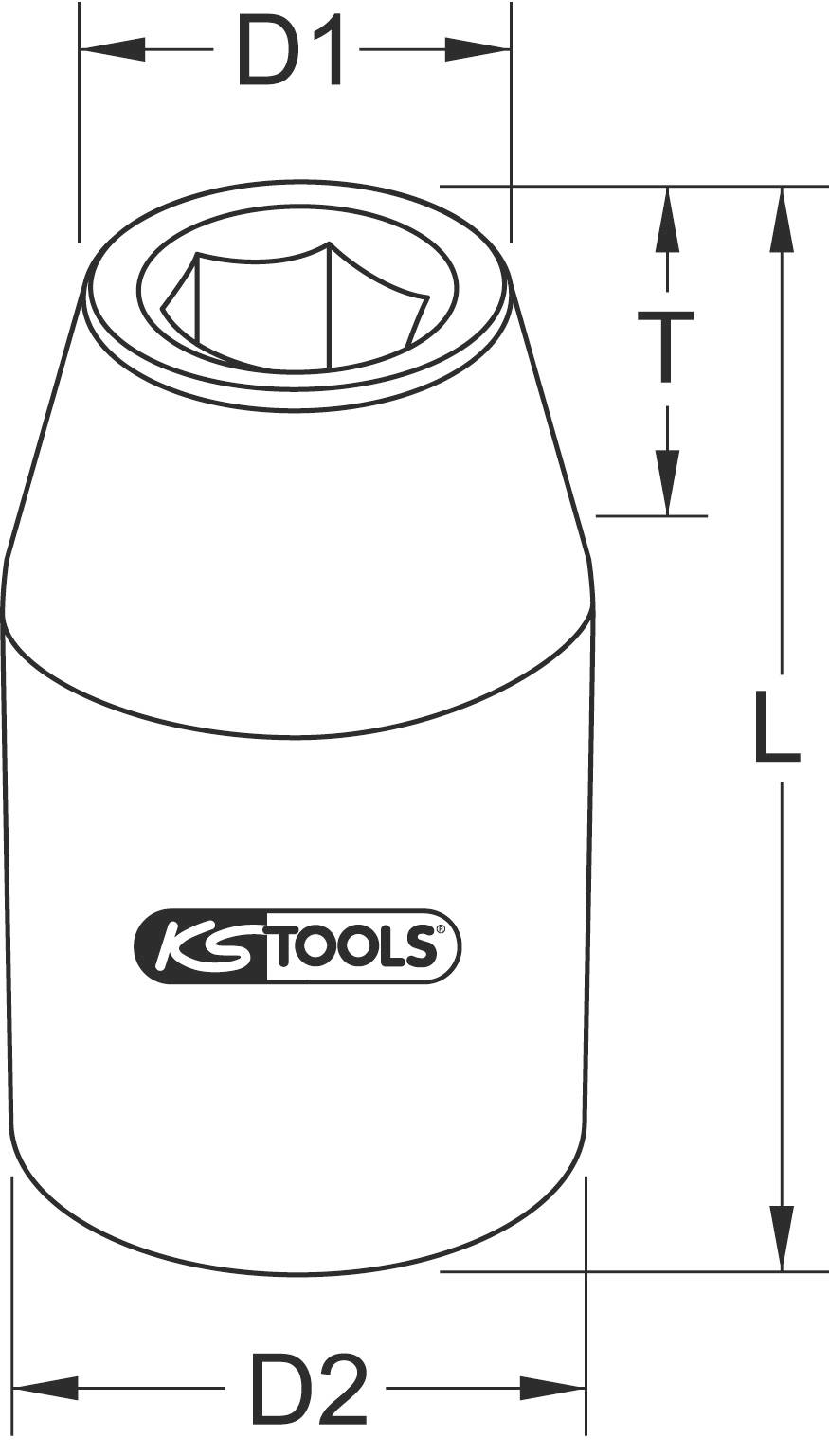 Abbildung eines Steckschlüsselaufsatzes mit den Maßen D1, D2, T und L. Das Logo 'KS Tools' ist auf der Seite des Aufsatzes abgebildet.