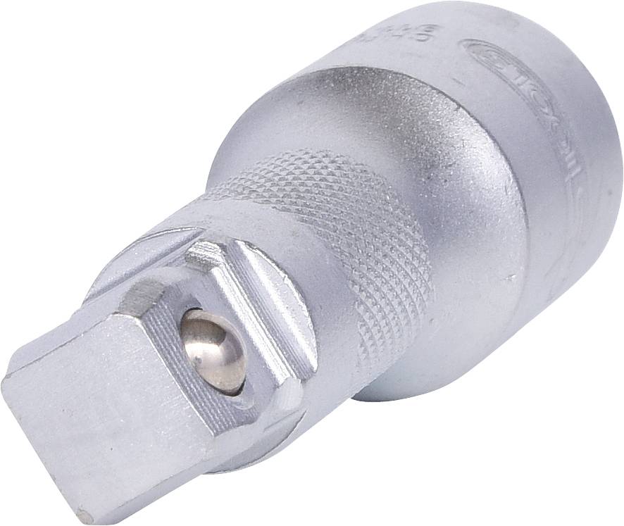 Eine silberne Stecknuss mit Vierkantaufnahme, verwendet zur Befestigung von Bits auf Ratschen oder Schlüsseln, aus Metall gefertigt.