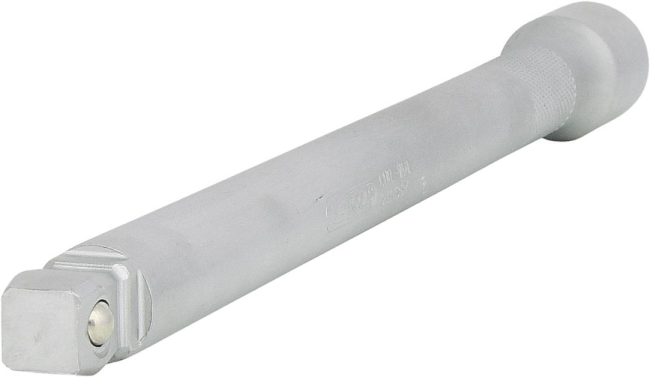 Ein verlängerter Hebelarm für ein Drehmomentschlüssel aus Metall, in Silber, mit geriffeltem Griff und quadratischer Aufnahme.