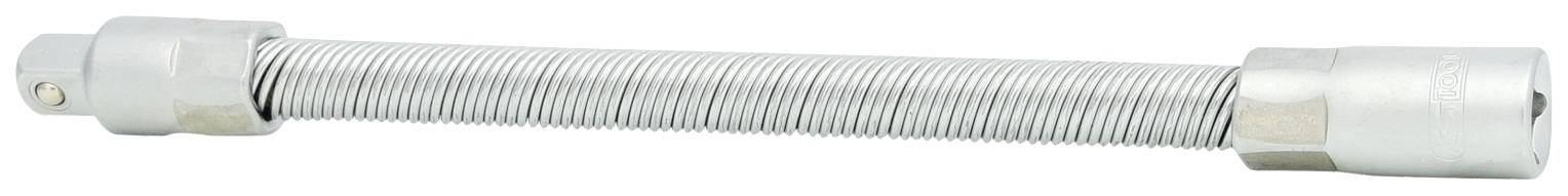 Eine silberne, flexible Metallfeder mit Endkappen, vermutlich ein Teil eines mechanischen oder industriellen Geräts.