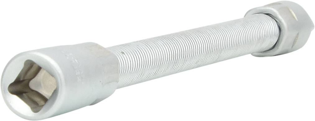 Ein silberner Spannschlossbolzen mit Gewinden an beiden Enden, typisch verwendet zur Spannung und Verbindung von Drahtseilen.