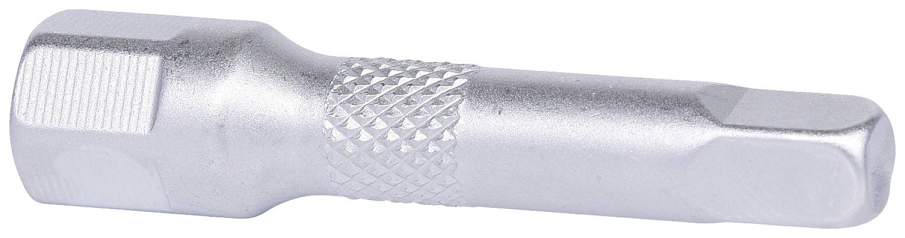 Sechskant-Metallstück mit geriffeltem Griff in der Mitte für besseren Halt, umgeben von einer glänzenden Oberfläche.