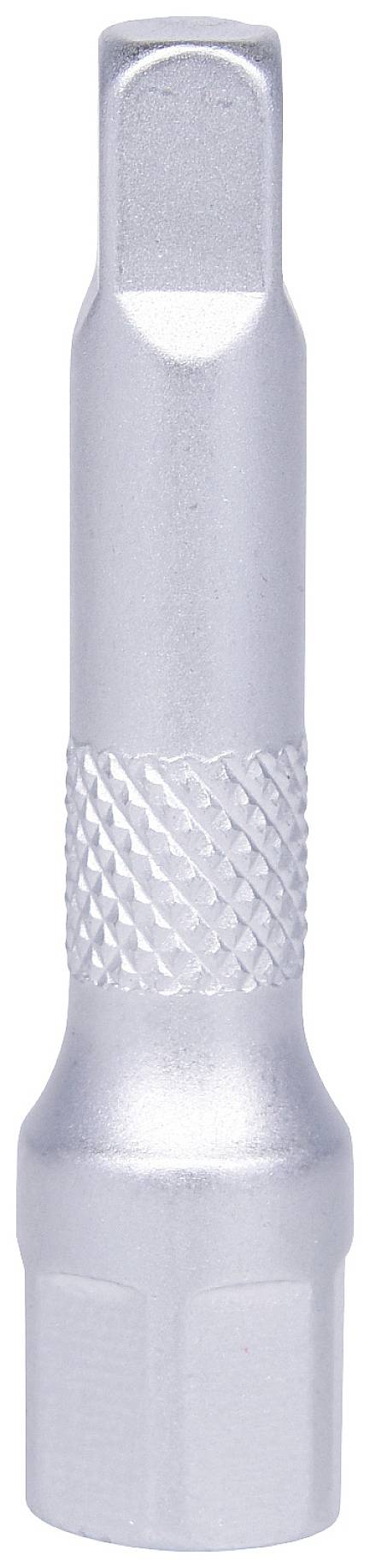 Silberner, sechskantiger Schraubaufsatz mit geriffeltem Griff und flachem Ende, geeignet zur Verwendung mit einem Schraubendreher oder Bohrmaschine.