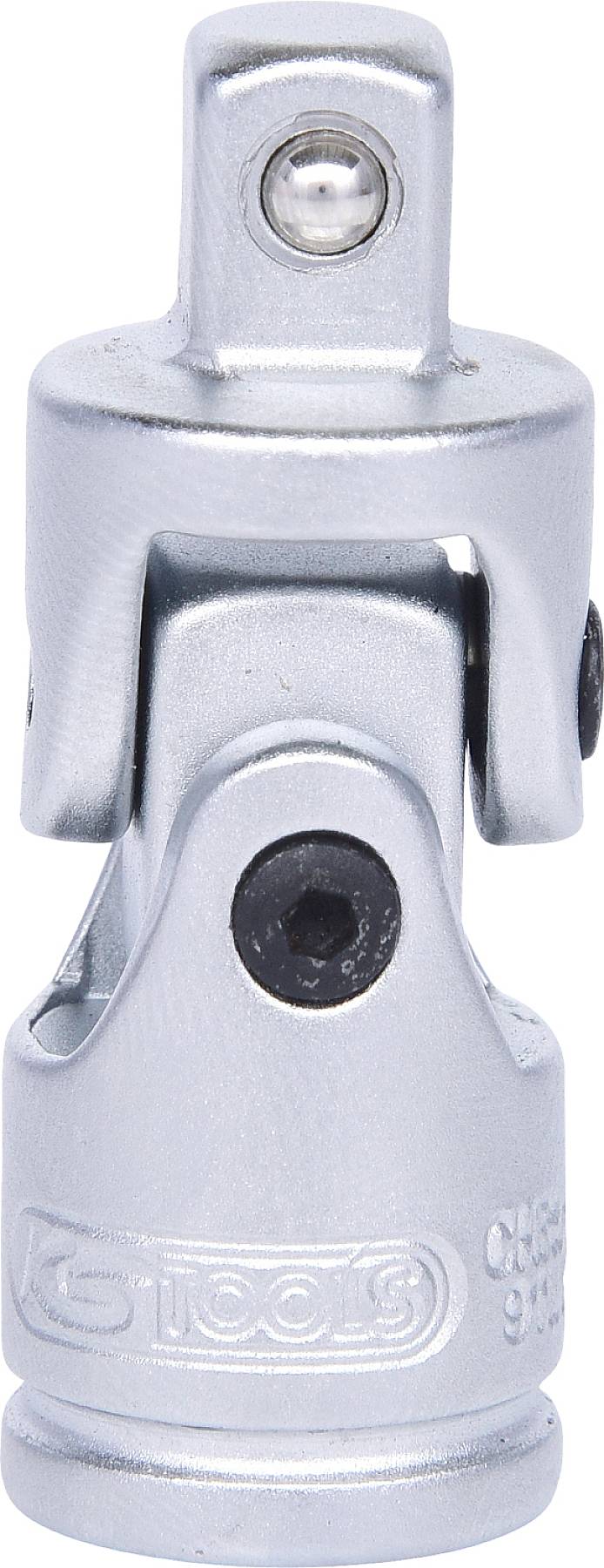 Ein silbernes Kardangelenk aus Metall, das als Verbindungsteil für Werkzeuge dient.