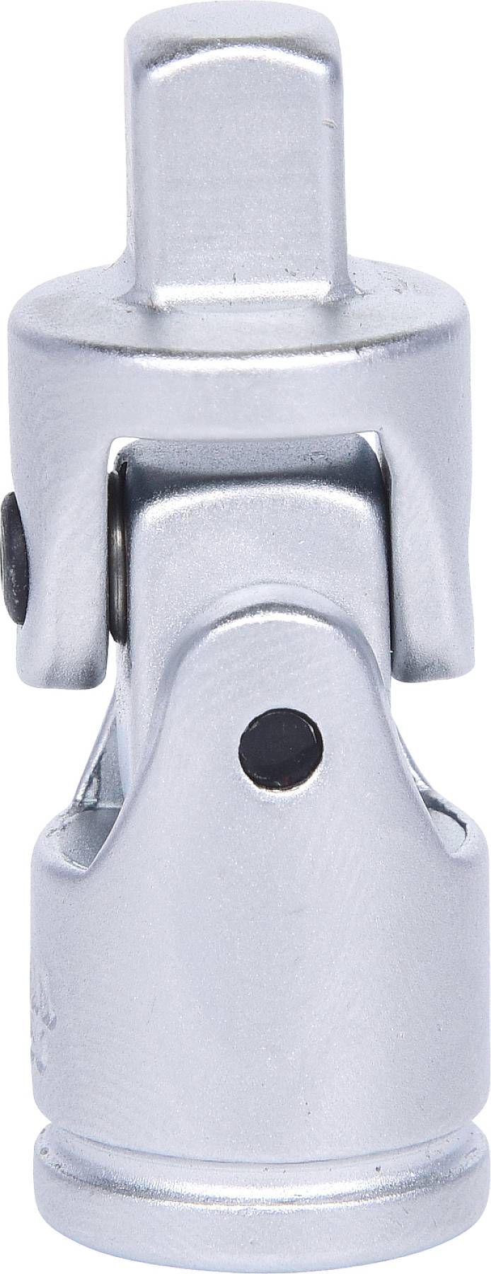 Metallischer Kardangelenk-Adapter, silbern und glänzend, ermöglicht flexible Winkelverbindungen in mechanischen Anwendungen.