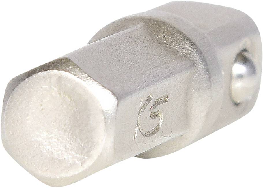 Ein silberner Adapter, zylindrische Form, aus Metall mit einem quadratischen Endstück und kleinem Loch an der Seite.