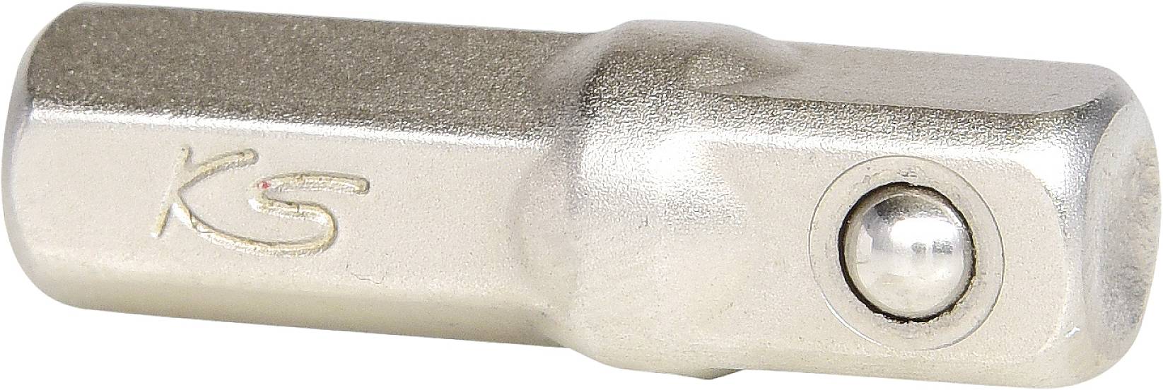 Ein silbernes Metall-Werkzeugteil mit der Prägung 'KS', das als Verbindungsstück oder Adapter dienen könnte.