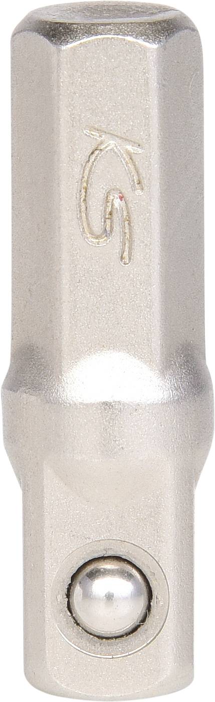 Metallische Stecknussadapter, silberfarben, mit glänzender Oberfläche, sechseckige Form, kugelgelagertes Endstück unten.