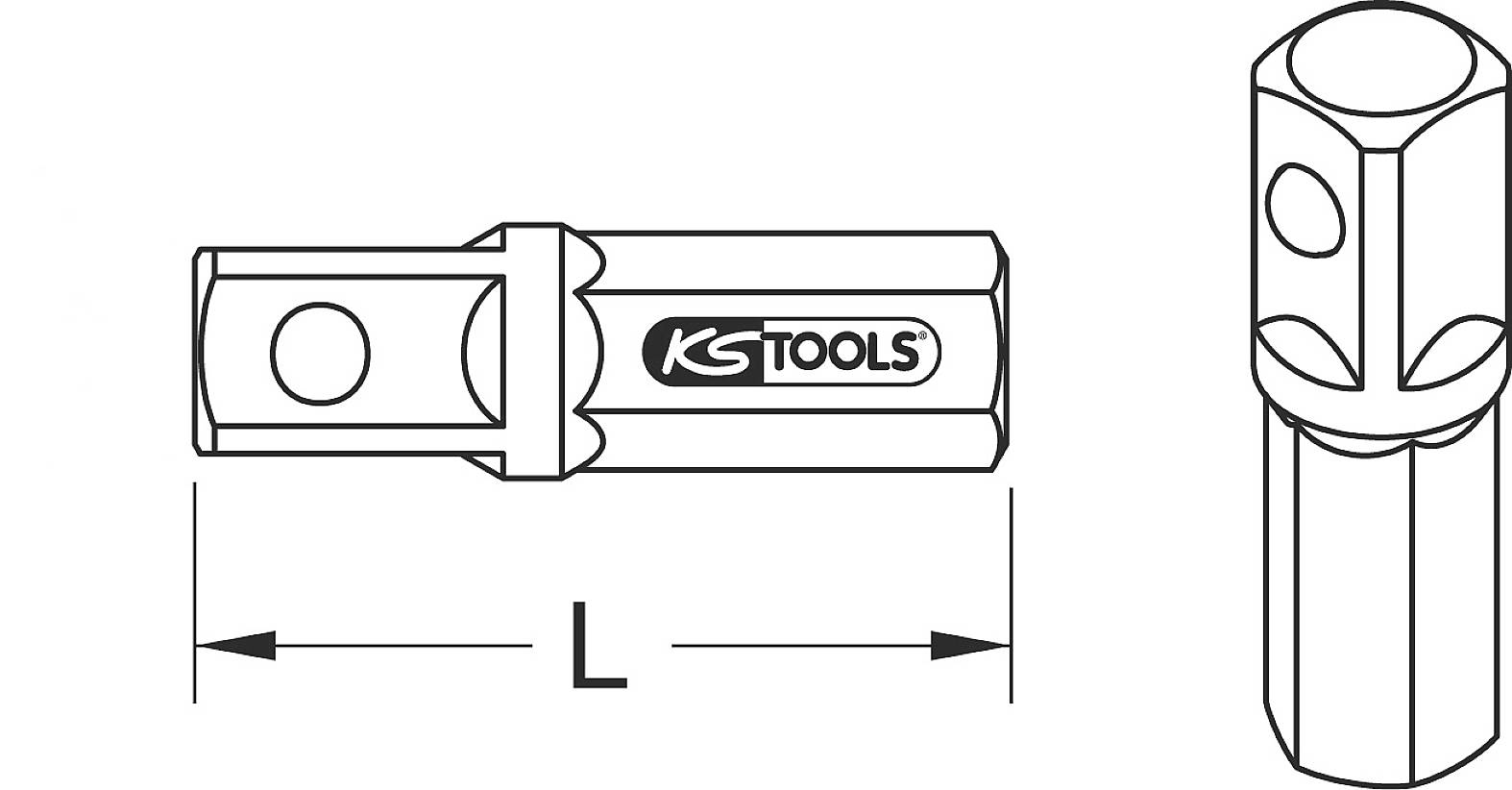 'Technische Zeichnung eines Werkzeugs mit 'KS Tools'-Logo. Zeigt zwei Ansichten: eine Seitenansicht und eine vertikale Ansicht. Länge mit 'L' markiert.'