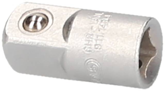 Metallisches Drehgelenk, sechseckige Form mit Schraubenverbindung, verwendet als Adapter in mechanischen Anwendungen.