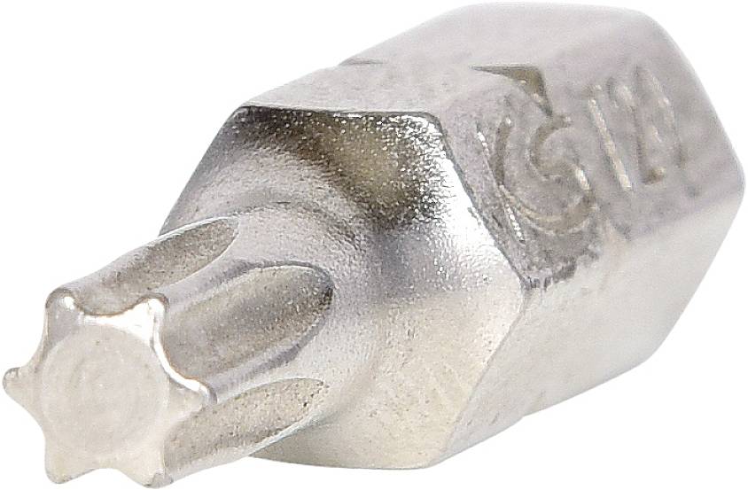 Ein silberner, sternförmiger Torx-Bit aus Stahl.