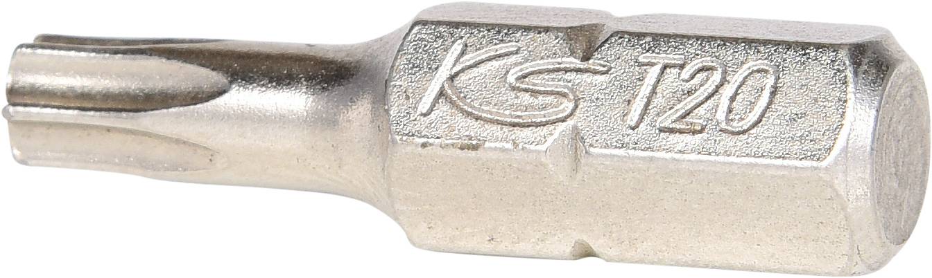 Ein silberner T20 Torx-Bit mit der Aufschrift 'KS T20' auf der Seite, geeignet für Schraubendreher oder Bohrmaschinen.