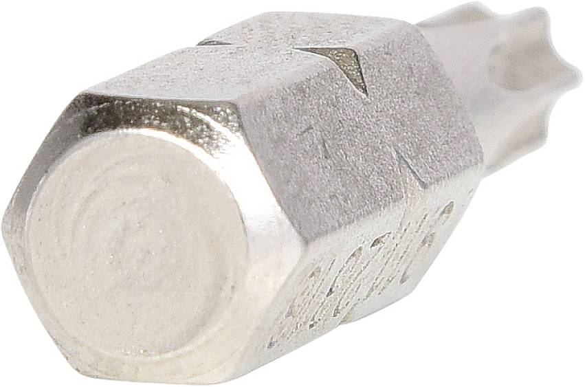 Ein silberner Schraubaufsatz mit sechseckiger Basis und einem sternförmigen Kopf, verwendet für spezielle Schraubenarten.