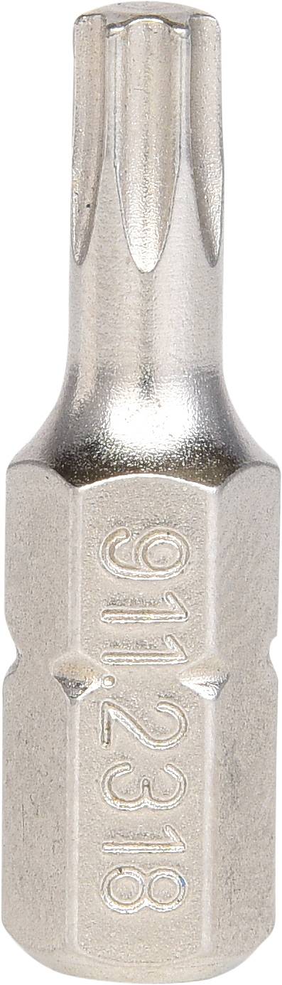 Metallbit mit torxförmigem Kopf, glatt polierte Oberfläche. Eingeprägte Zahlenreihe auf dem Schaft.