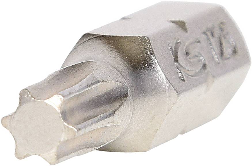 Ein silberner Torx-Schraubaufsatz mit einer mehrzackigen Spitze, geeignet für Schraubarbeiten.