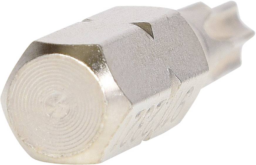 Nahaufnahme eines silbernen Schraubaufsatzes mit sechseckigem Schaft. Der Kopf hat eine Torx-Form, geeignet für spezielle Schrauben.