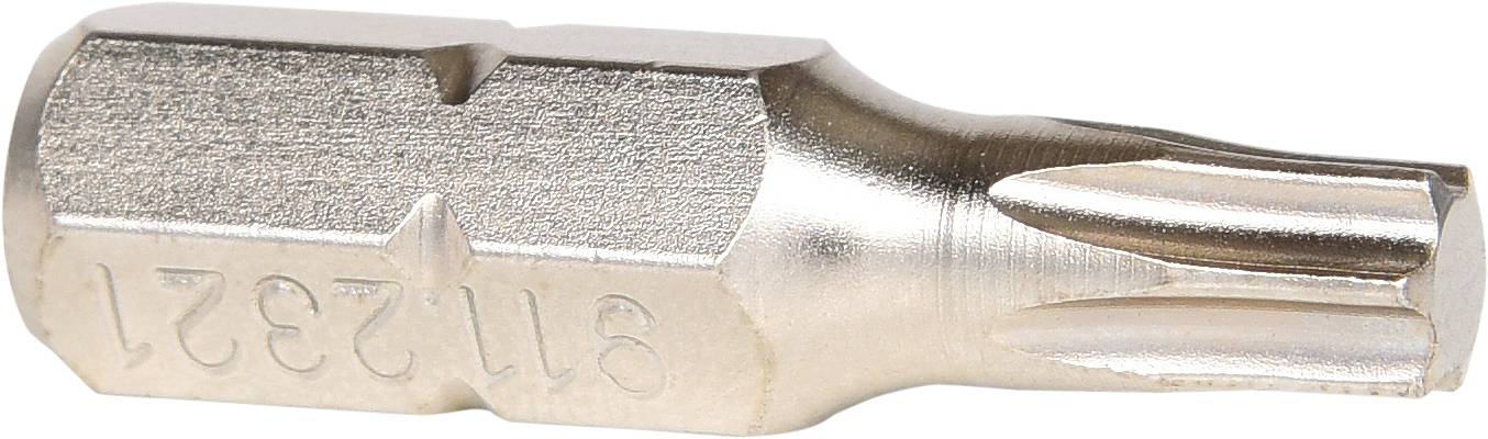 Ein silberfarbener Schraubendreheraufsatz mit sechskantiger Basis und sternförmiger Spitze, geeignet für Torx-Schrauben.