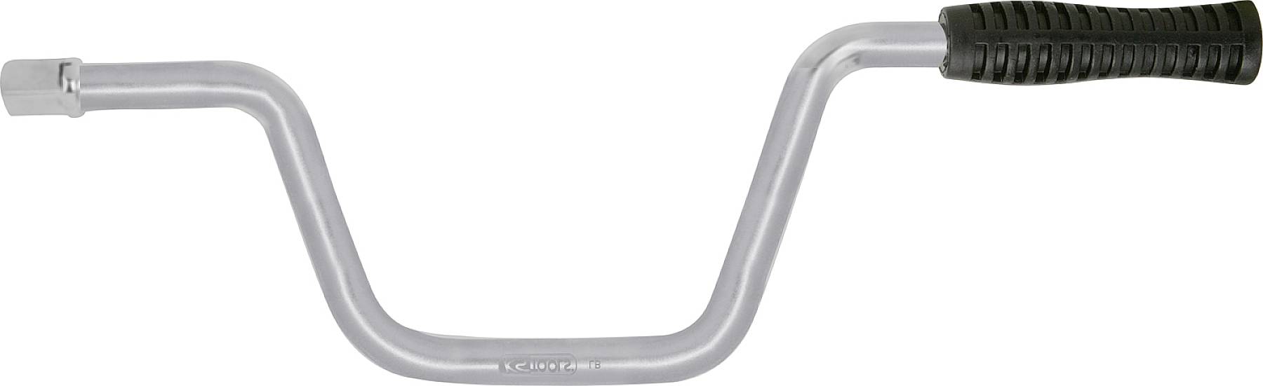 Kurbel: Ein silbernes Werkzeug mit einer Gummi-Handgriff auf einer Seite und einem Anschluss auf der anderen für mechanische Zwecke.