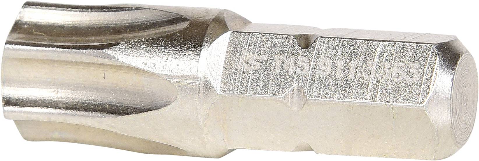 Nahaufnahme eines silbernen Torx-Bits, sechseckige Form mit geriffeltem Ende, verwendet für Schraubarbeiten.