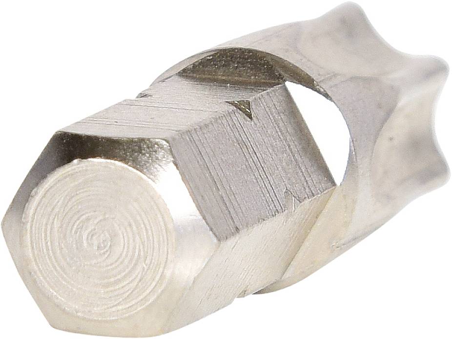 Metallsechskant, wahrscheinlich Werkzeug oder Verbindungselement, bestehend aus glänzendem Material mit sechseckigem Querschnitt.