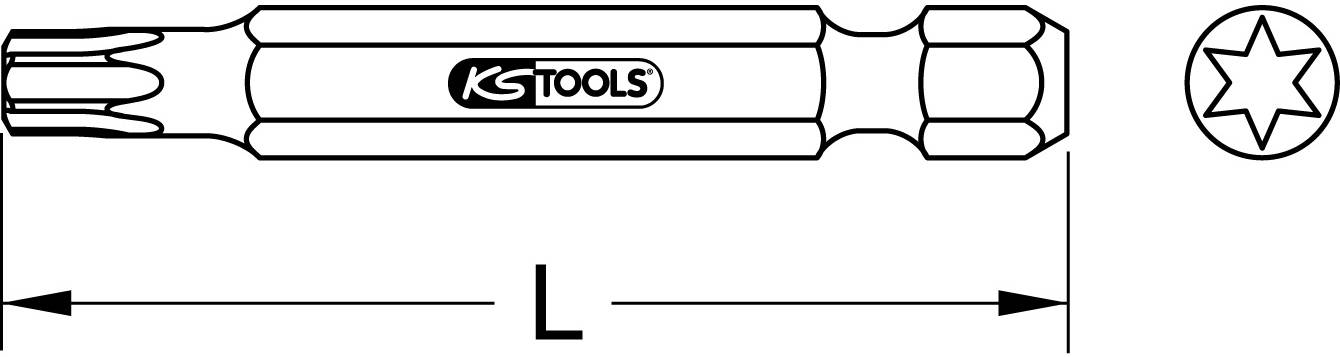 Line Drawing eines Torx-Bits mit KS-Tools-Logo, sechsseitigem Kopf und Länge L. Dient zur Darstellung von Werkzeugprofil und Abmessungen.