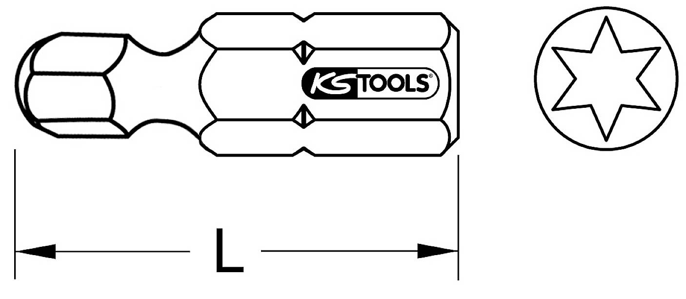 'KS Tools' Bit für Schraubendreher, Sternprofil. Links die Bitlänge 'L', rechts das Sternprofil, passend für Torx-Schrauben.