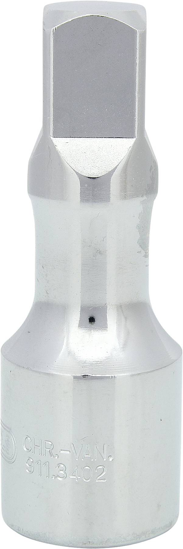 Ein silberner Steckschlüssel, zylindrische Form, wahrscheinlich zur Montage oder Demontage von Schrauben oder Muttern.